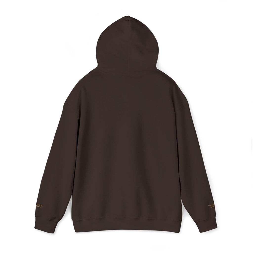 Embroidered Gold Script Hoodie — Minimal Chest & Sleeve Accent