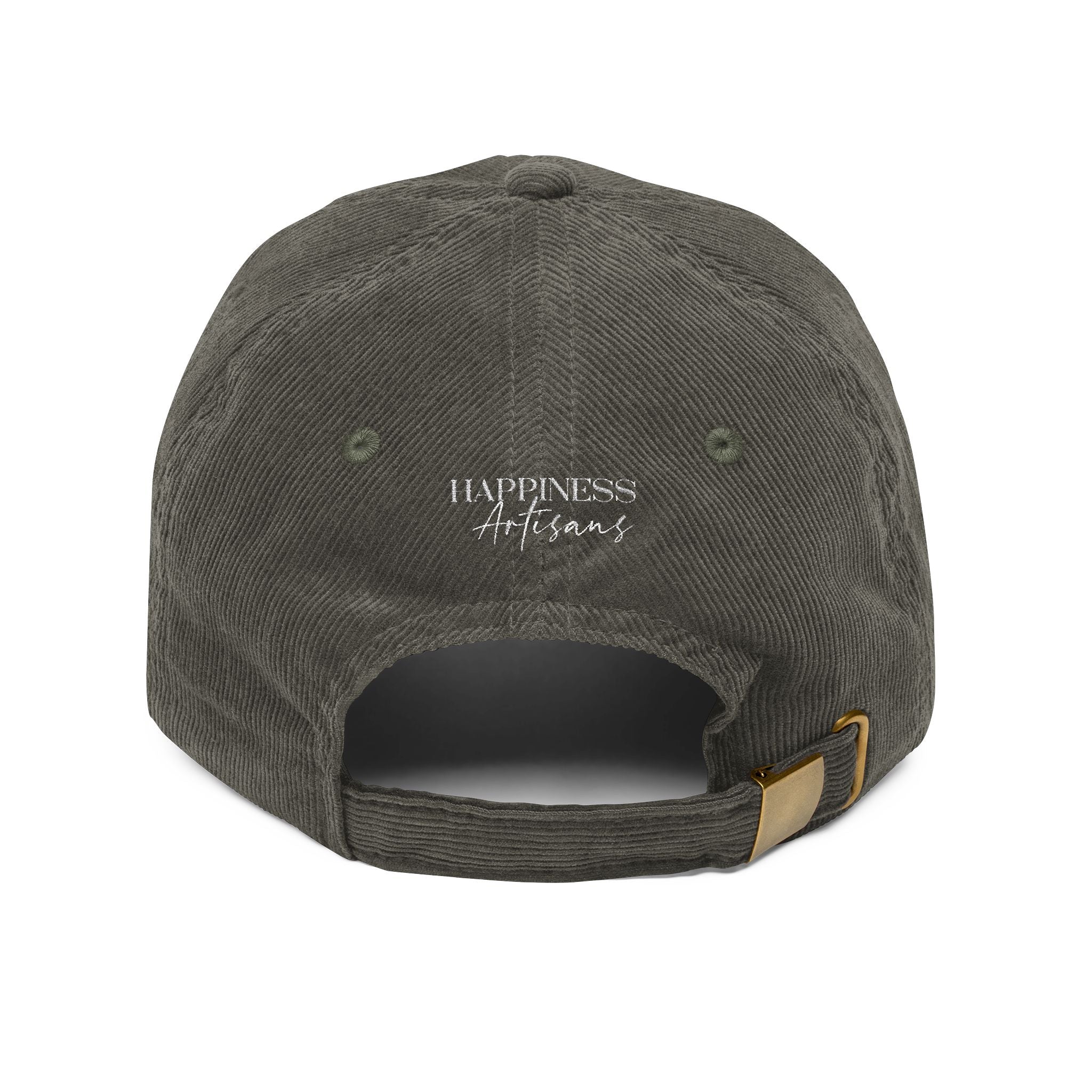 Vintage Corduroy Cap — Embroidered 'Happiness Artisans & Flowers' Floral Women's Hat