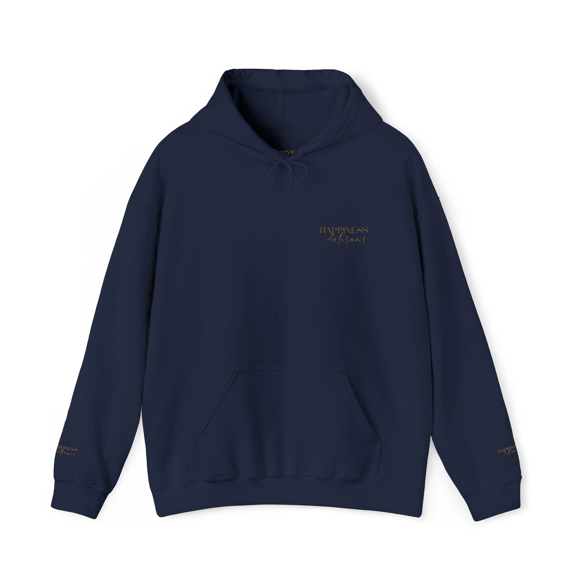 Embroidered Gold Script Hoodie — Minimal Chest & Sleeve Accent