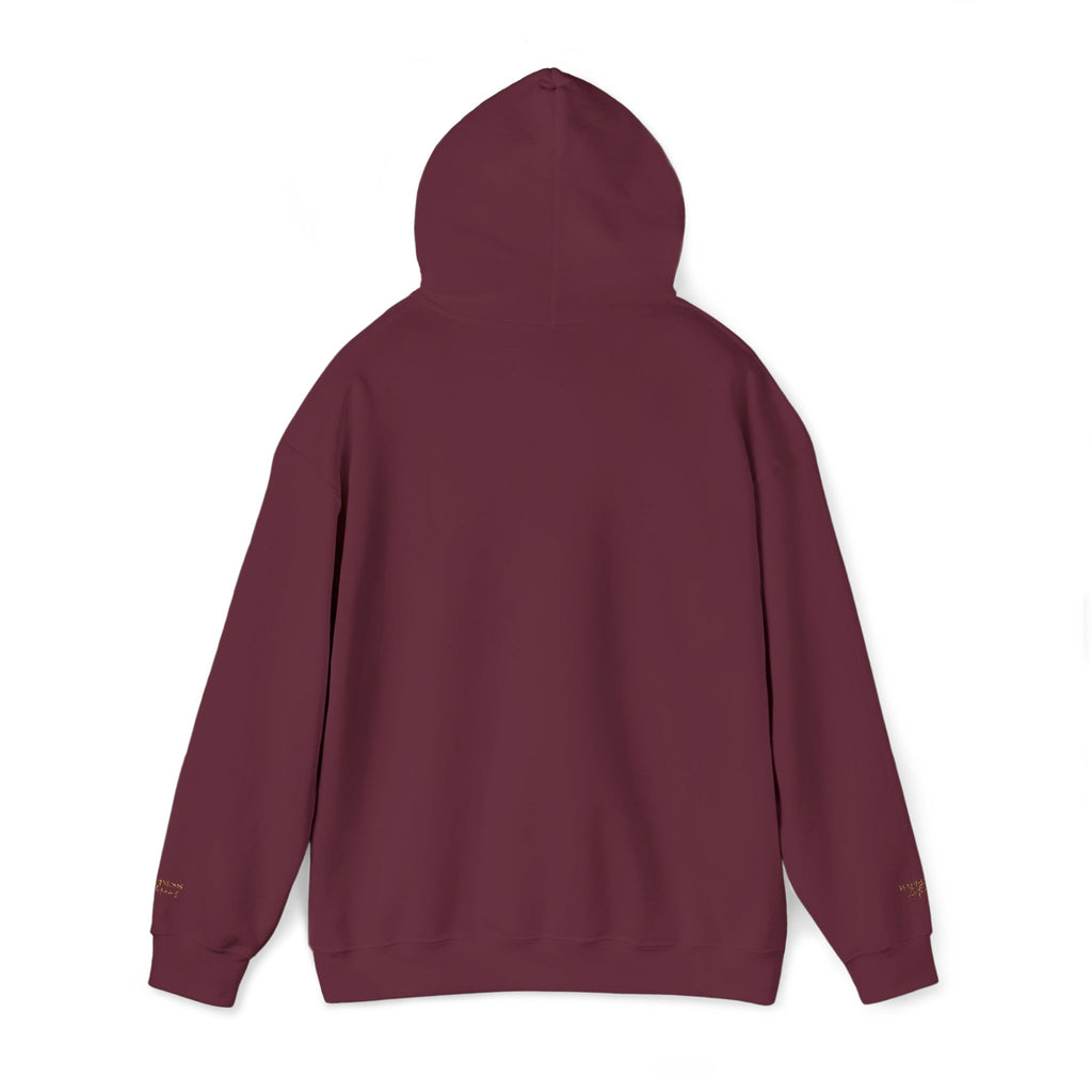 Embroidered Gold Script Hoodie — Minimal Chest & Sleeve Accent