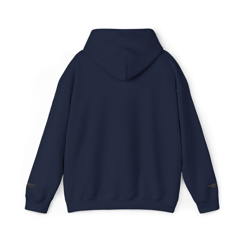 Embroidered Gold Script Hoodie — Minimal Chest & Sleeve Accent