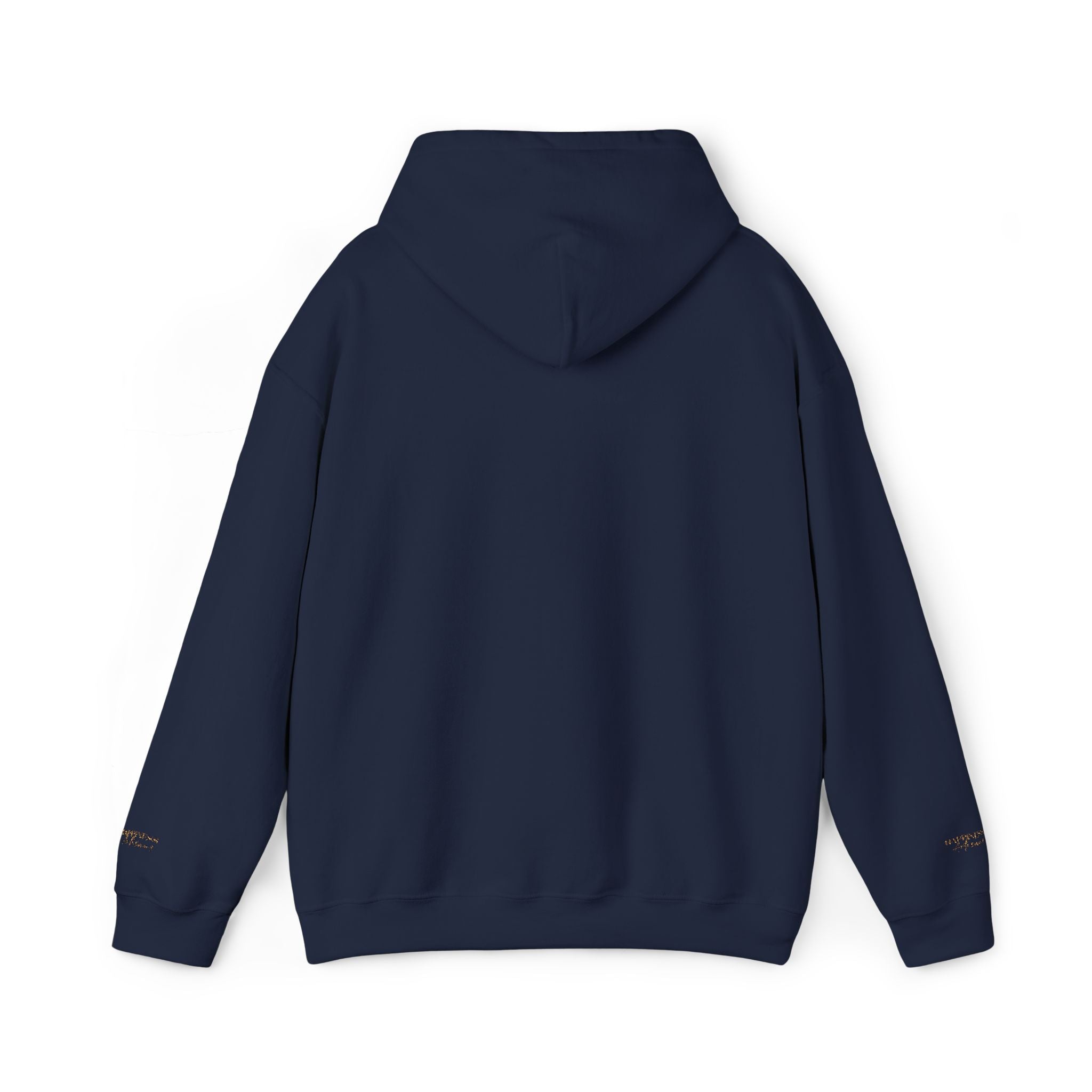 Embroidered Gold Script Hoodie — Minimal Chest & Sleeve Accent