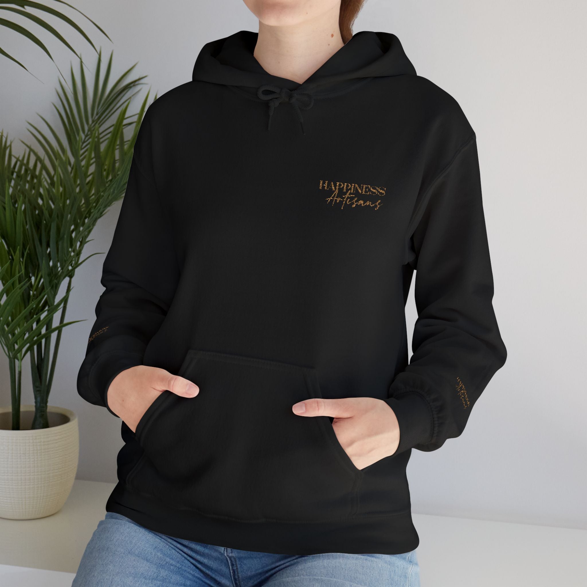 Embroidered Gold Script Hoodie — Minimal Chest & Sleeve Accent