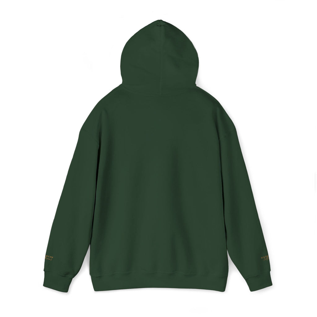 Embroidered Gold Script Hoodie — Minimal Chest & Sleeve Accent