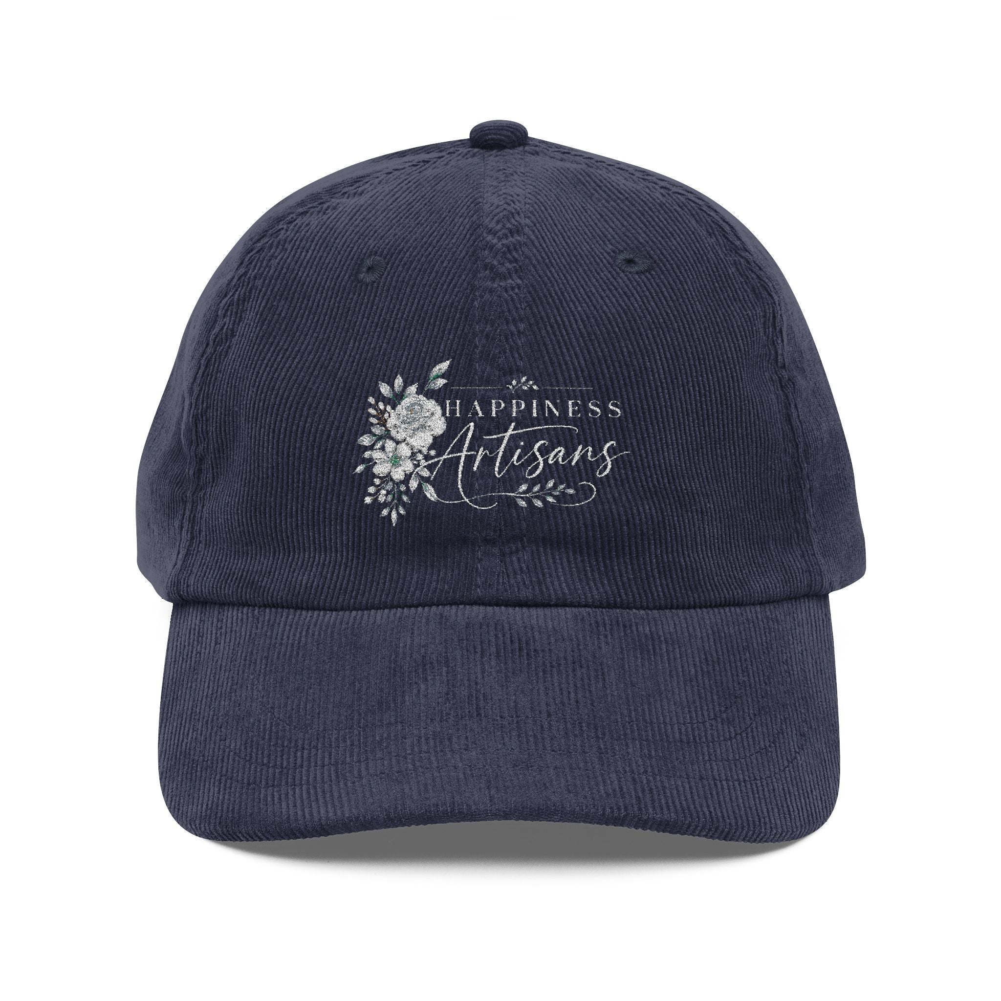 Vintage Corduroy Cap — Embroidered 'Happiness Artisans & Flowers' Floral Women's Hat