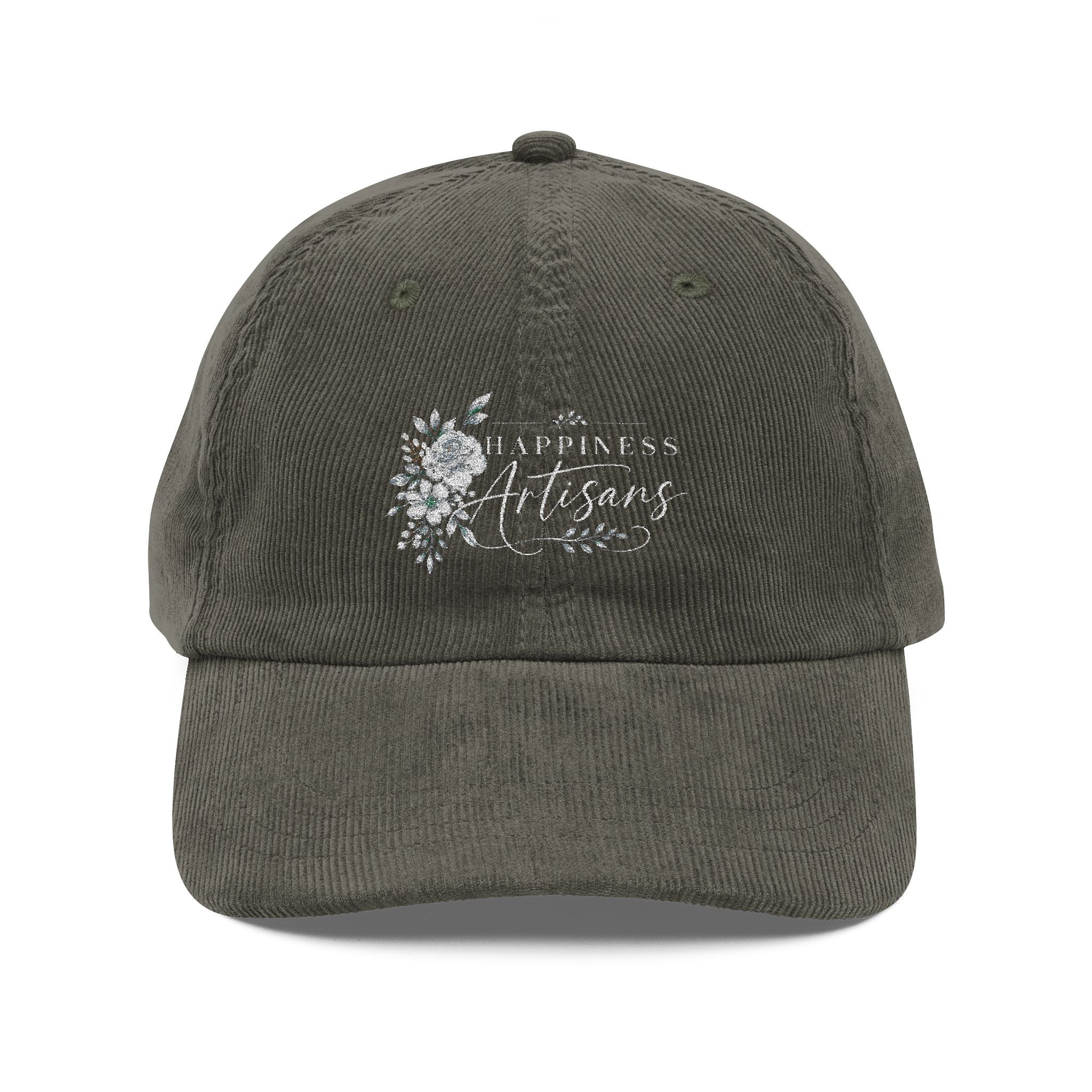 Vintage Corduroy Cap — Embroidered 'Happiness Artisans & Flowers' Floral Women's Hat