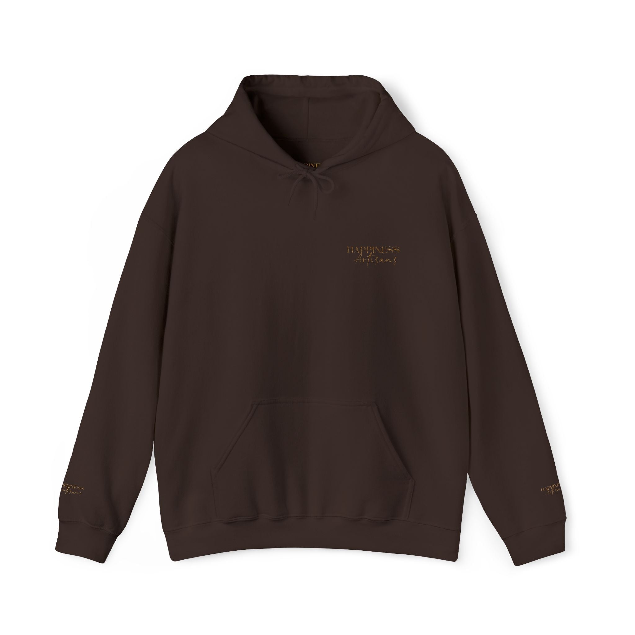 Embroidered Gold Script Hoodie — Minimal Chest & Sleeve Accent