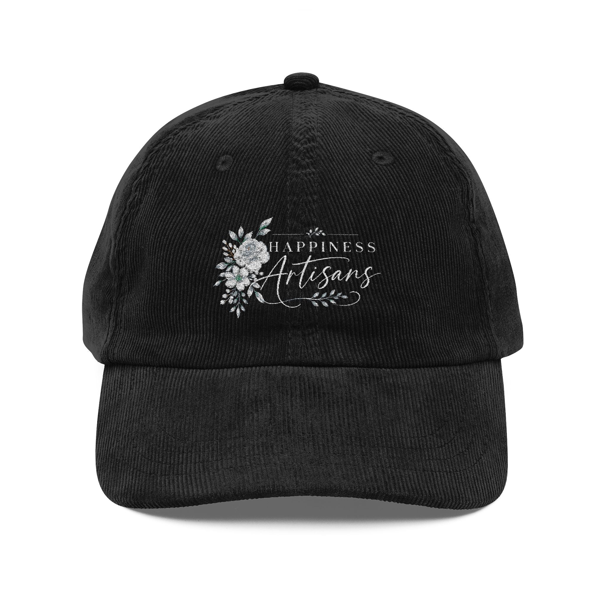 Vintage Corduroy Cap — Embroidered 'Happiness Artisans & Flowers' Floral Women's Hat