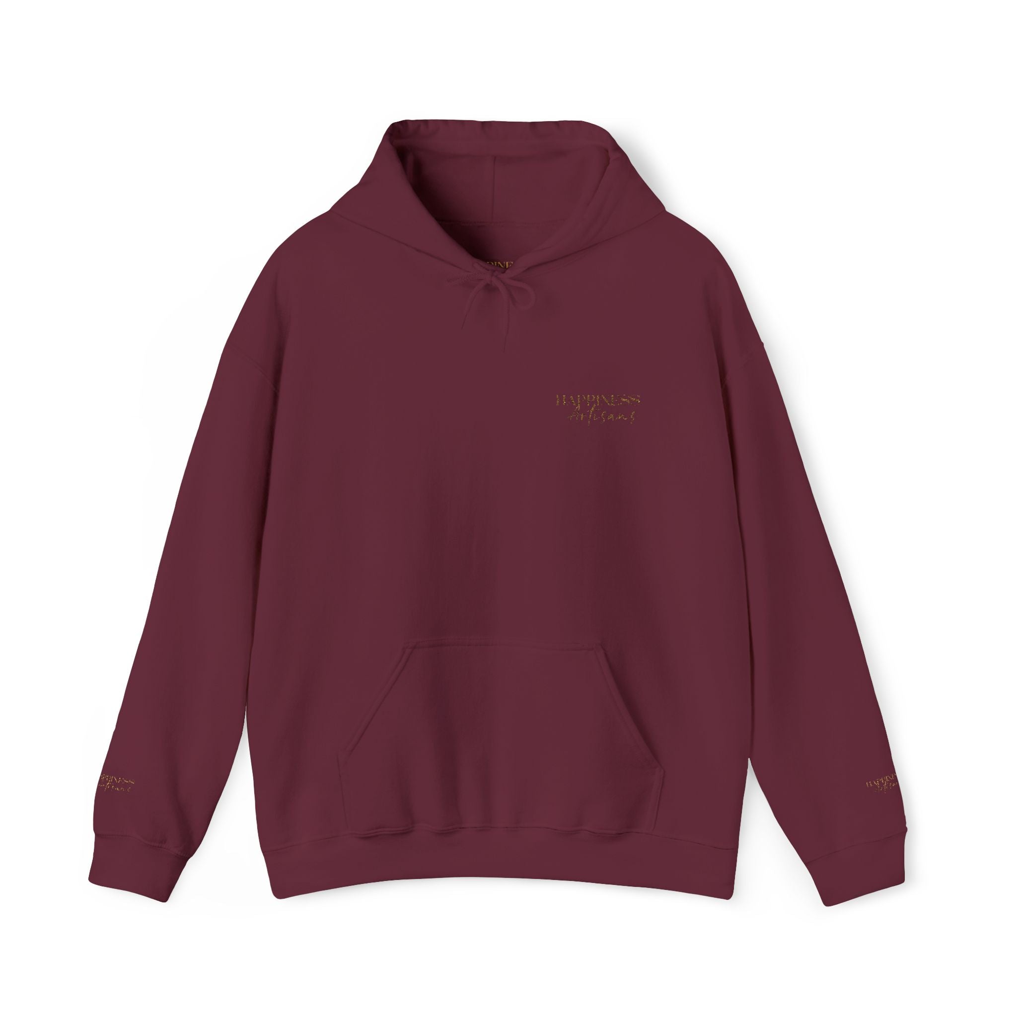 Embroidered Gold Script Hoodie — Minimal Chest & Sleeve Accent