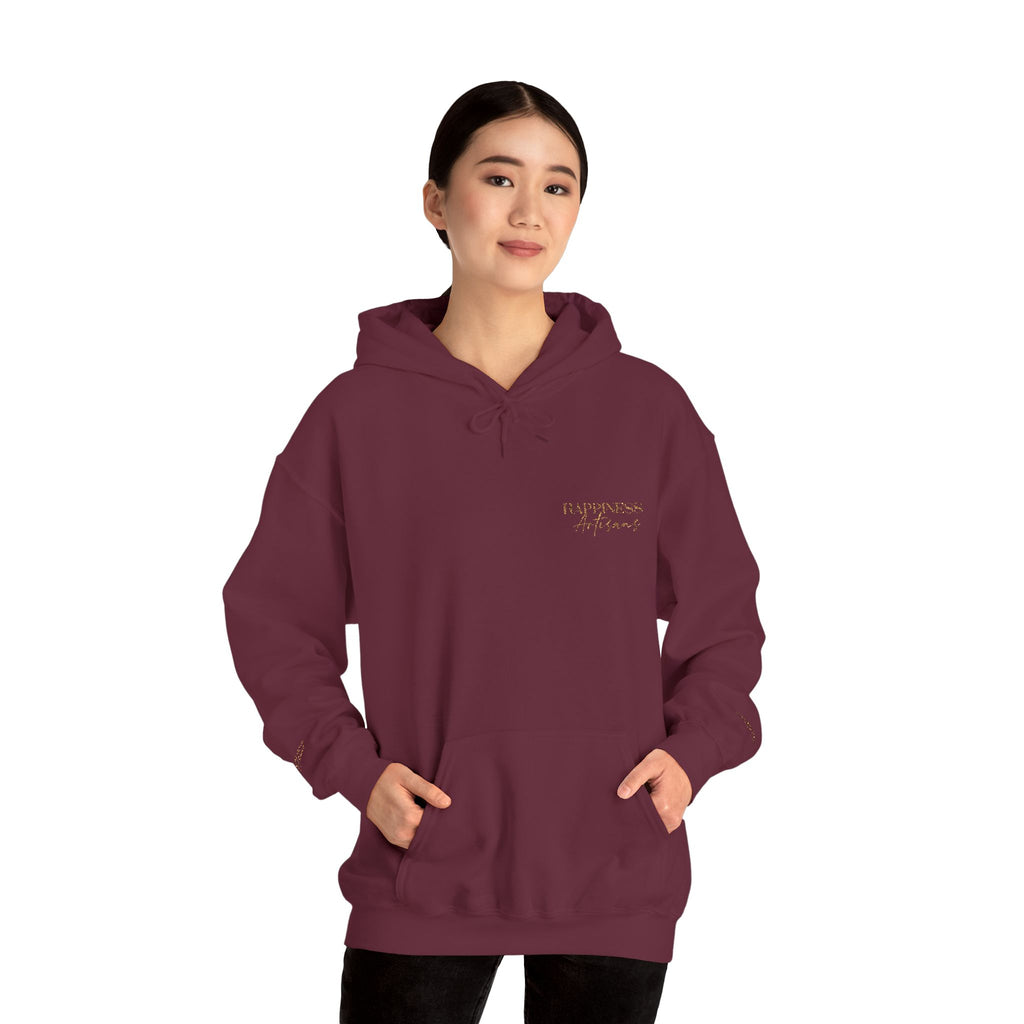 Embroidered Gold Script Hoodie — Minimal Chest & Sleeve Accent