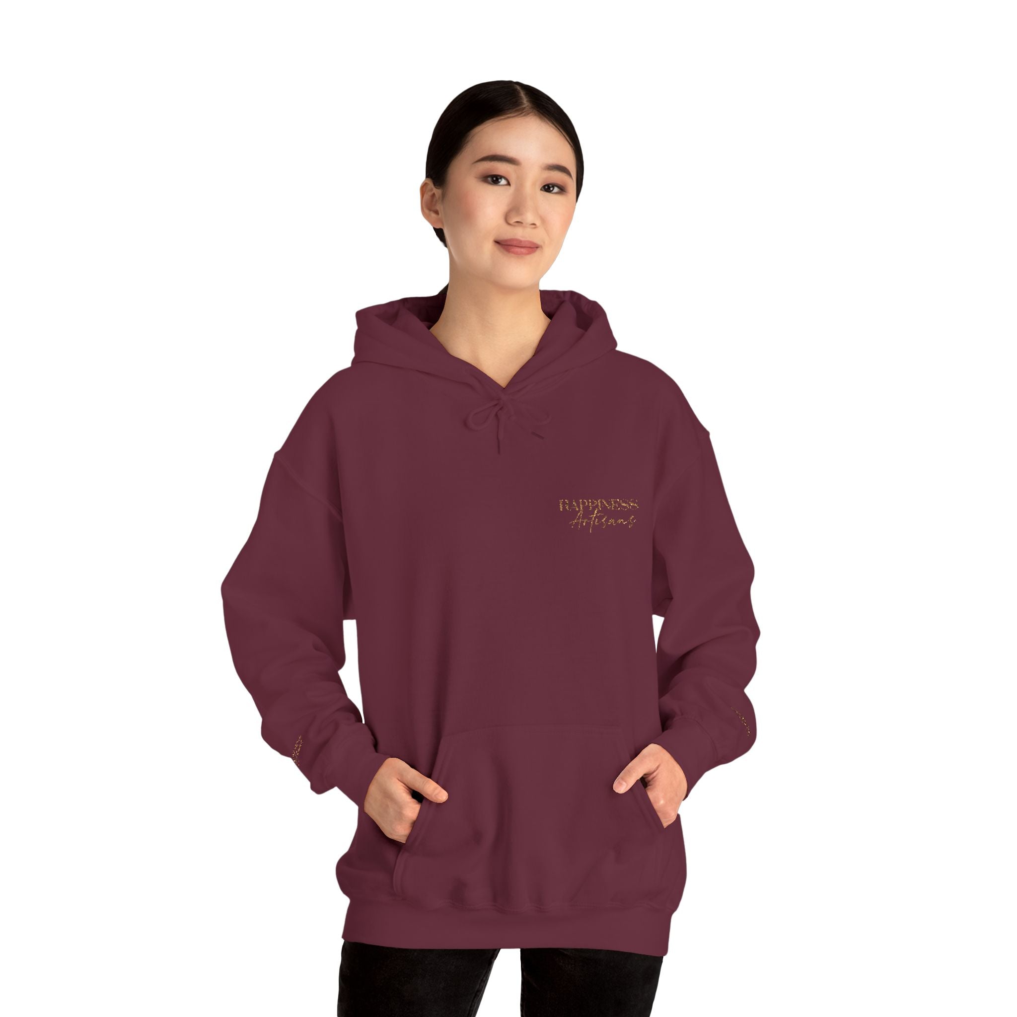 Embroidered Gold Script Hoodie — Minimal Chest & Sleeve Accent