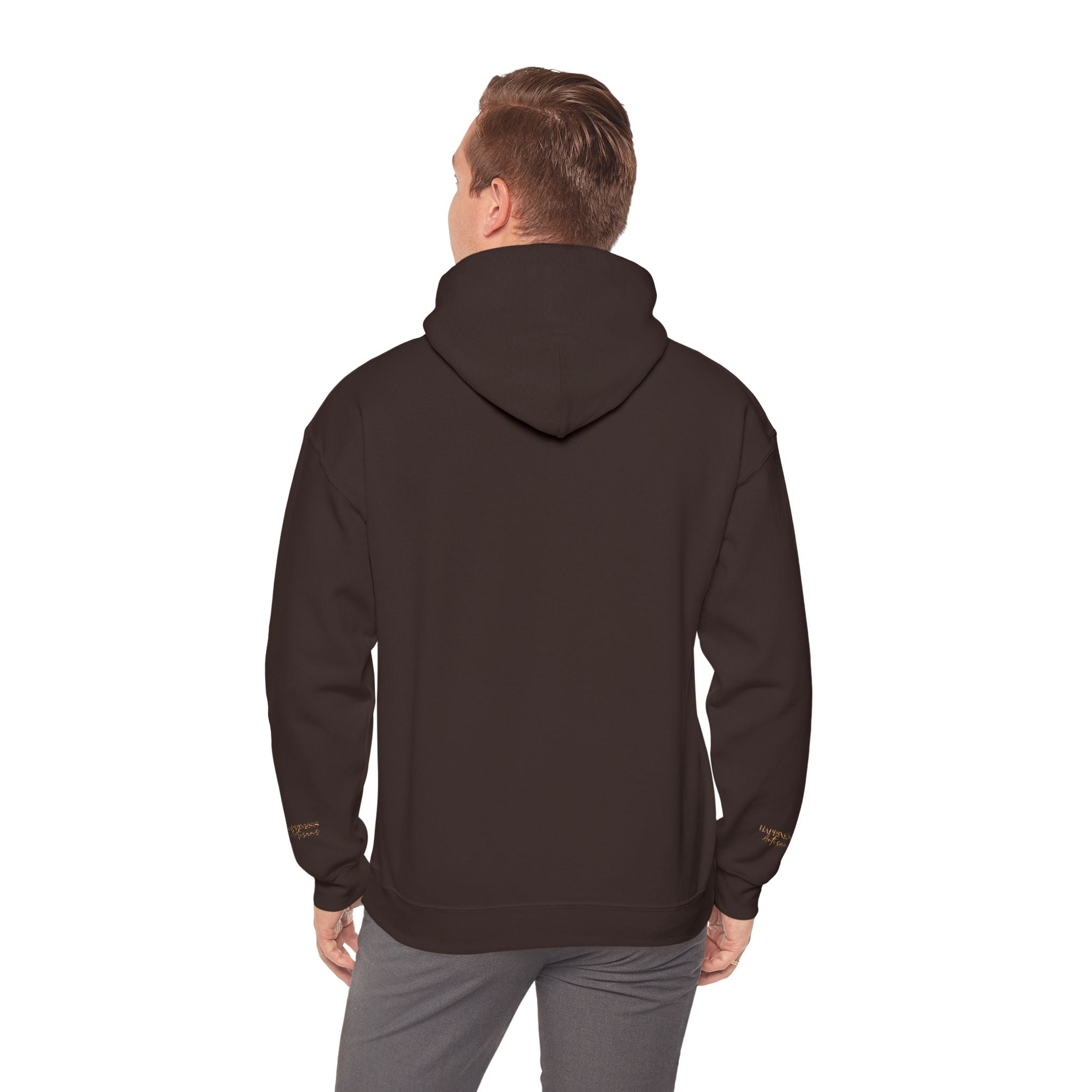Embroidered Gold Script Hoodie — Minimal Chest & Sleeve Accent