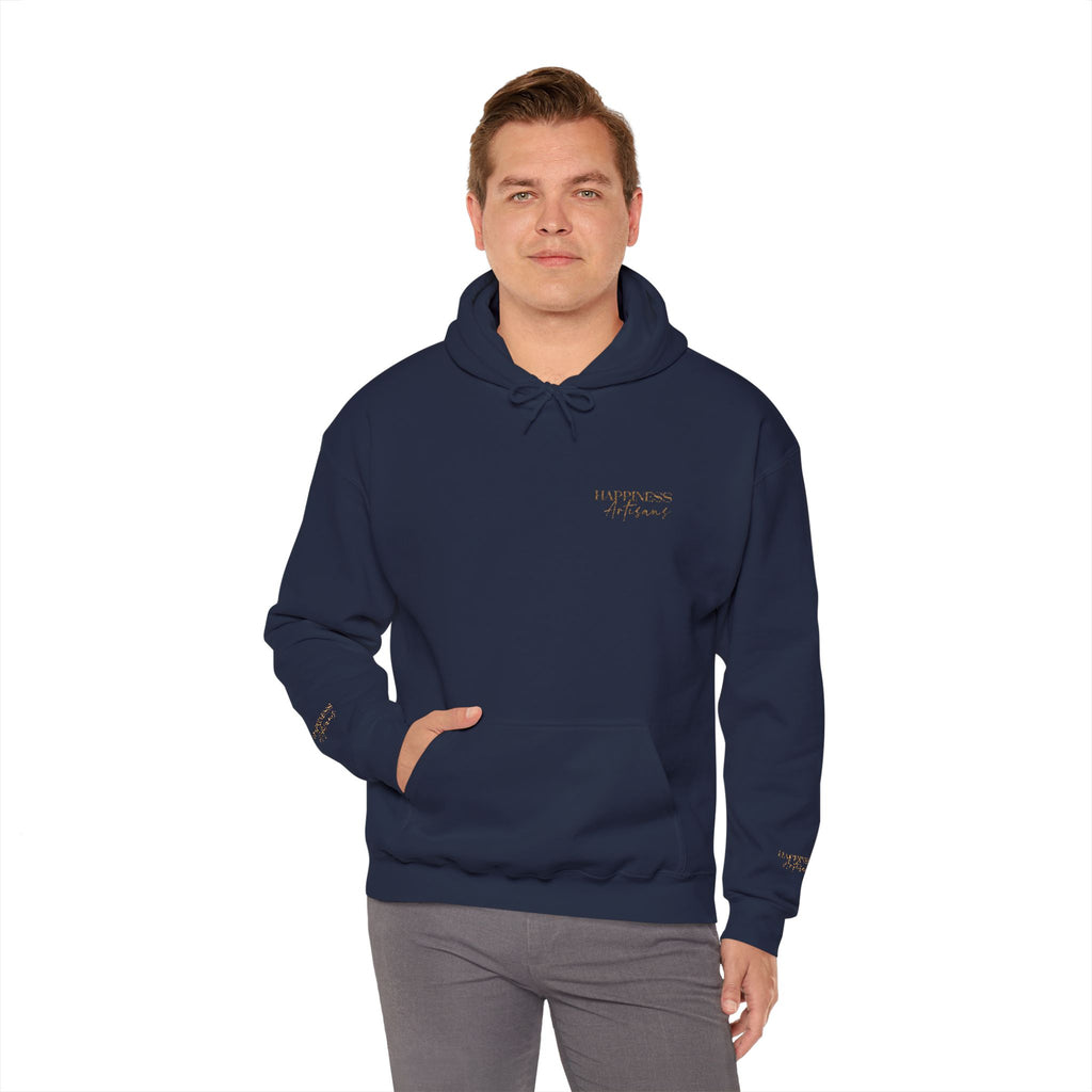 Embroidered Gold Script Hoodie — Minimal Chest & Sleeve Accent