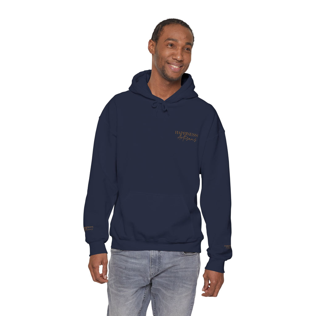 Embroidered Gold Script Hoodie — Minimal Chest & Sleeve Accent