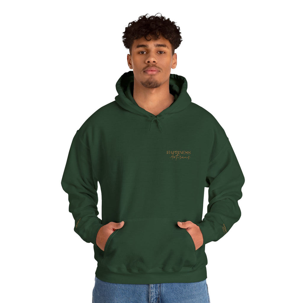 Embroidered Gold Script Hoodie — Minimal Chest & Sleeve Accent