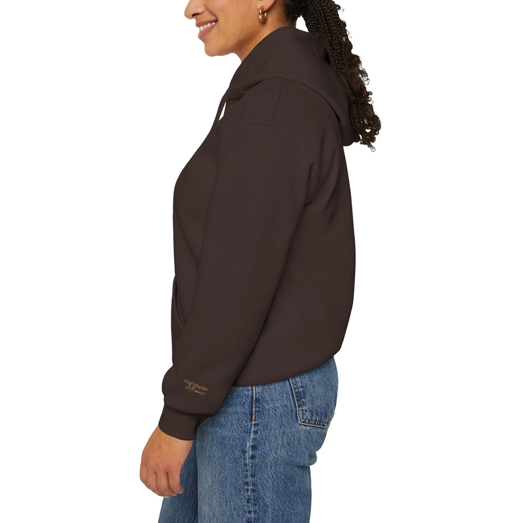 Embroidered Gold Script Hoodie — Minimal Chest & Sleeve Accent