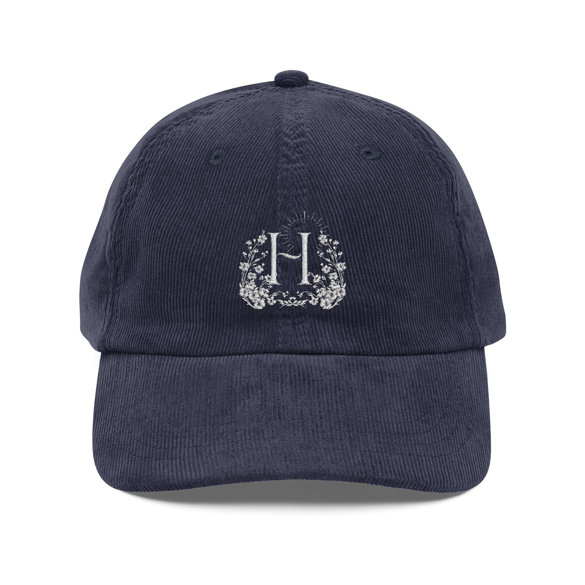 Corduroy Embroidered Cap — Vintage "H" Happiness Artisans Rustic Women's Hat