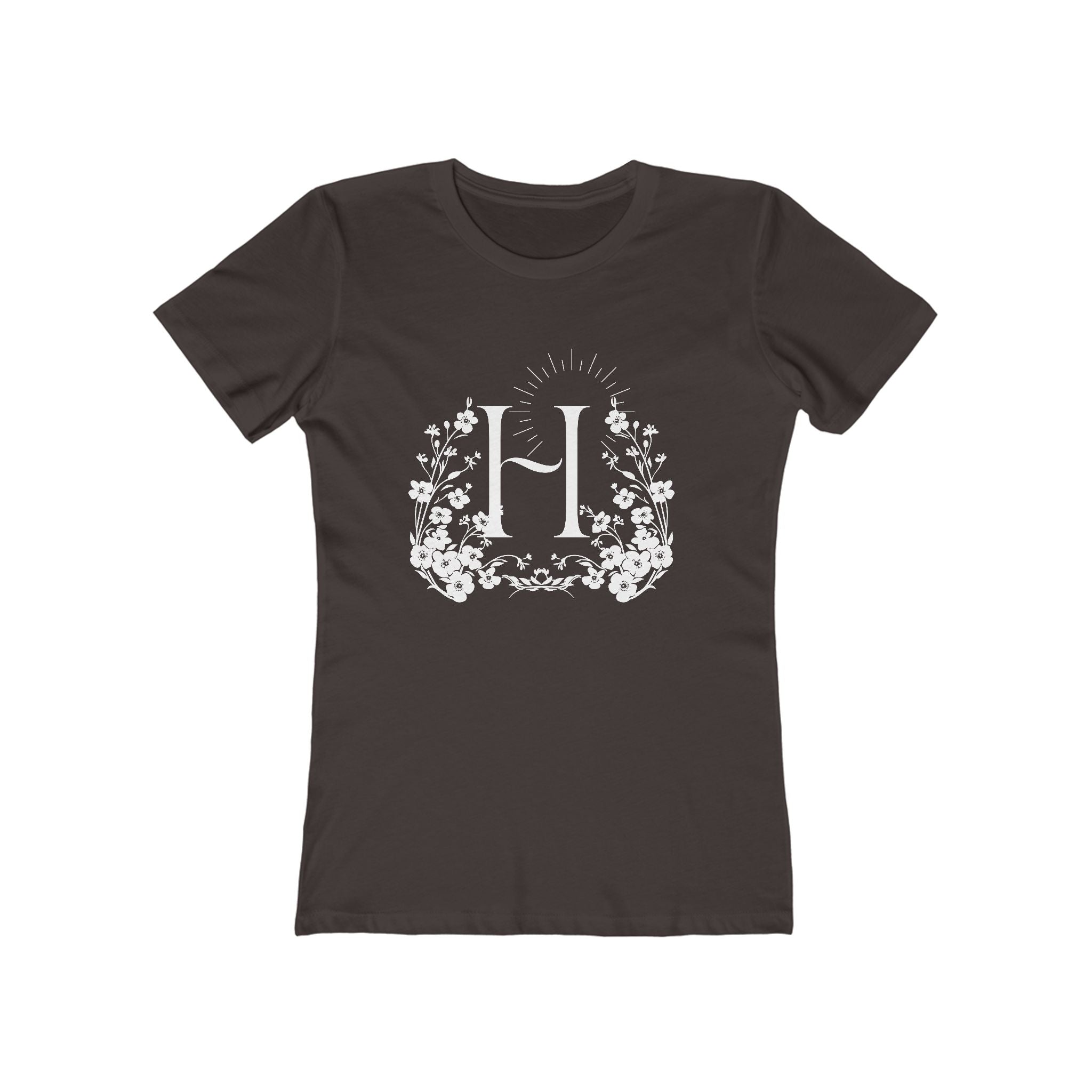 Floral Initial 'H' Boyfriend Tee for Women – Vintage Botanical Monogram Shirt