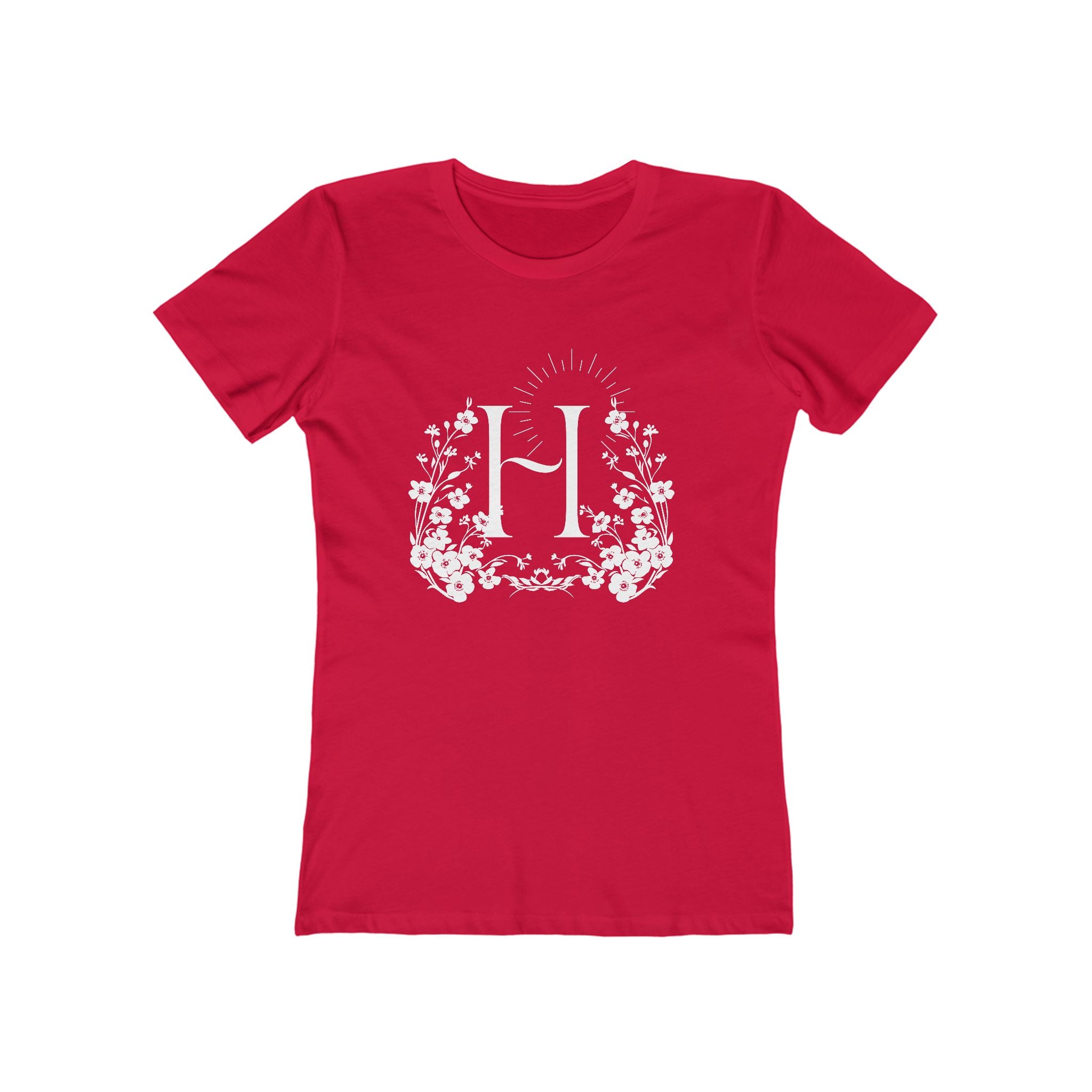 Floral Initial 'H' Boyfriend Tee for Women – Vintage Botanical Monogram Shirt