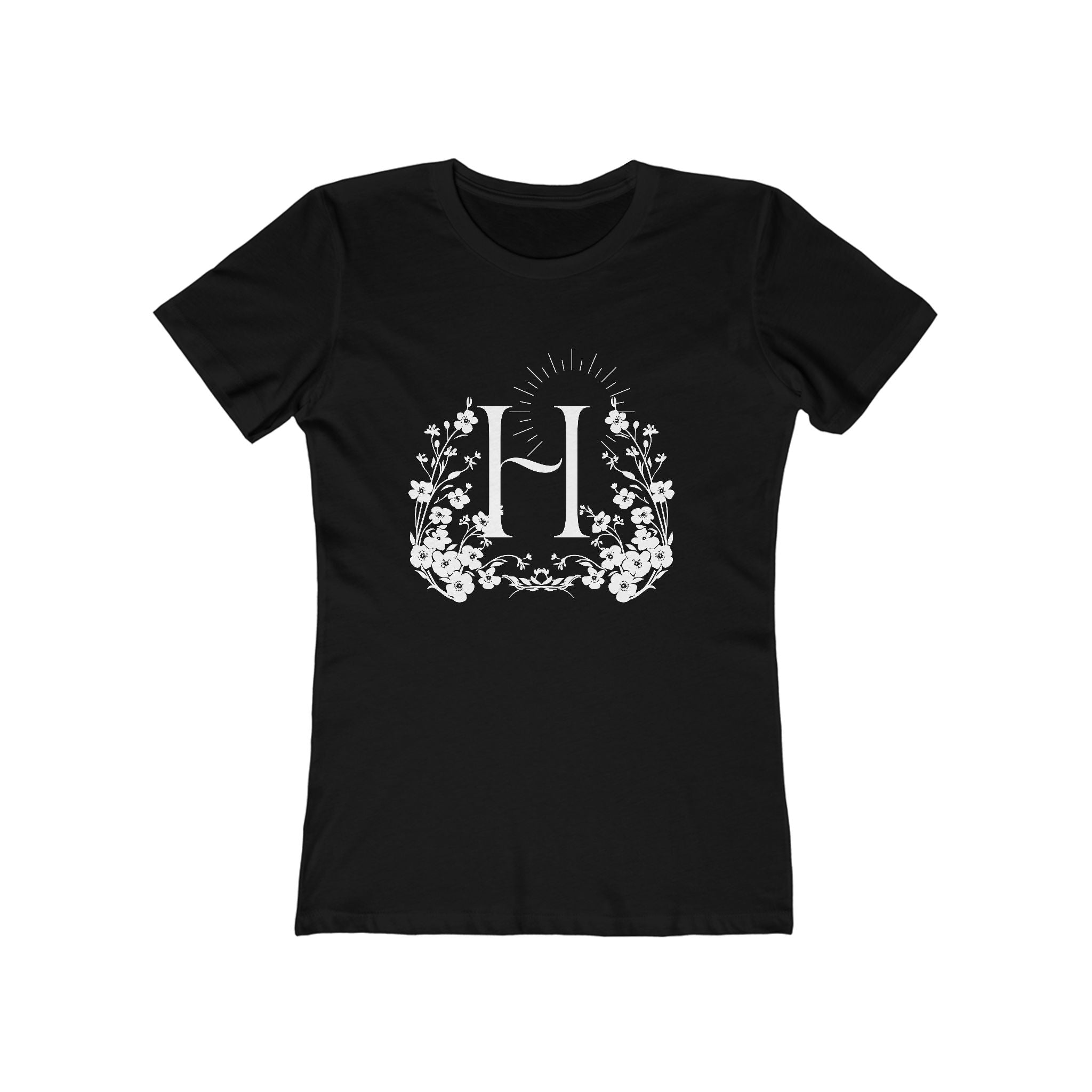 Floral Initial 'H' Boyfriend Tee for Women – Vintage Botanical Monogram Shirt