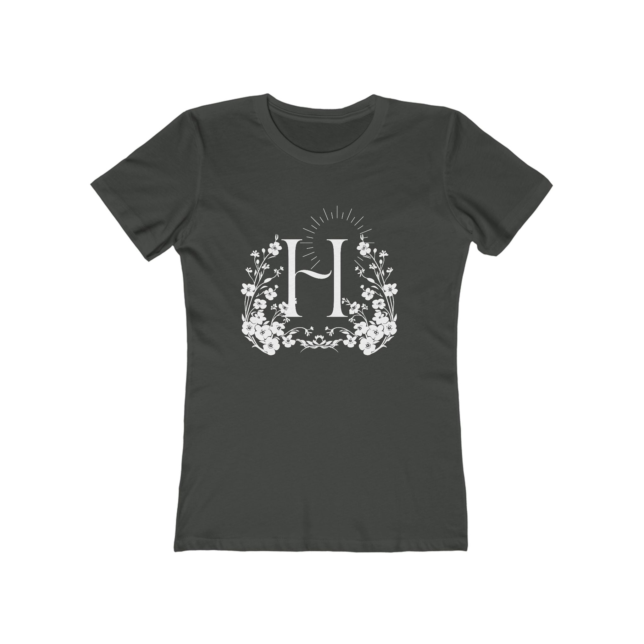 Floral Initial 'H' Boyfriend Tee for Women – Vintage Botanical Monogram Shirt