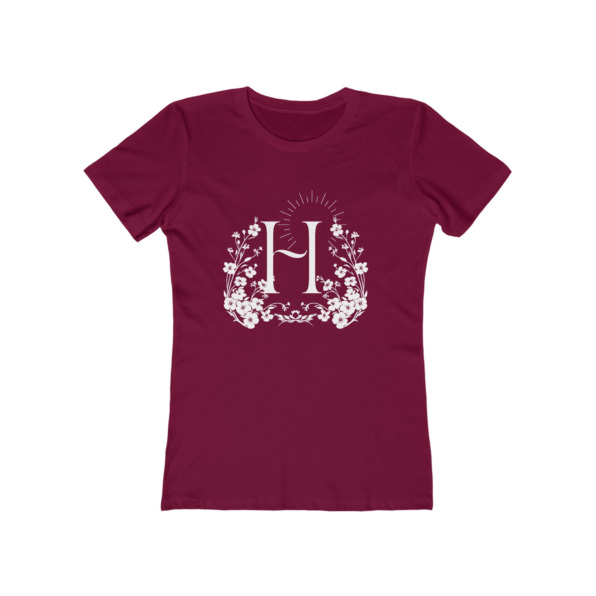 Floral Initial 'H' Boyfriend Tee for Women – Vintage Botanical Monogram Shirt