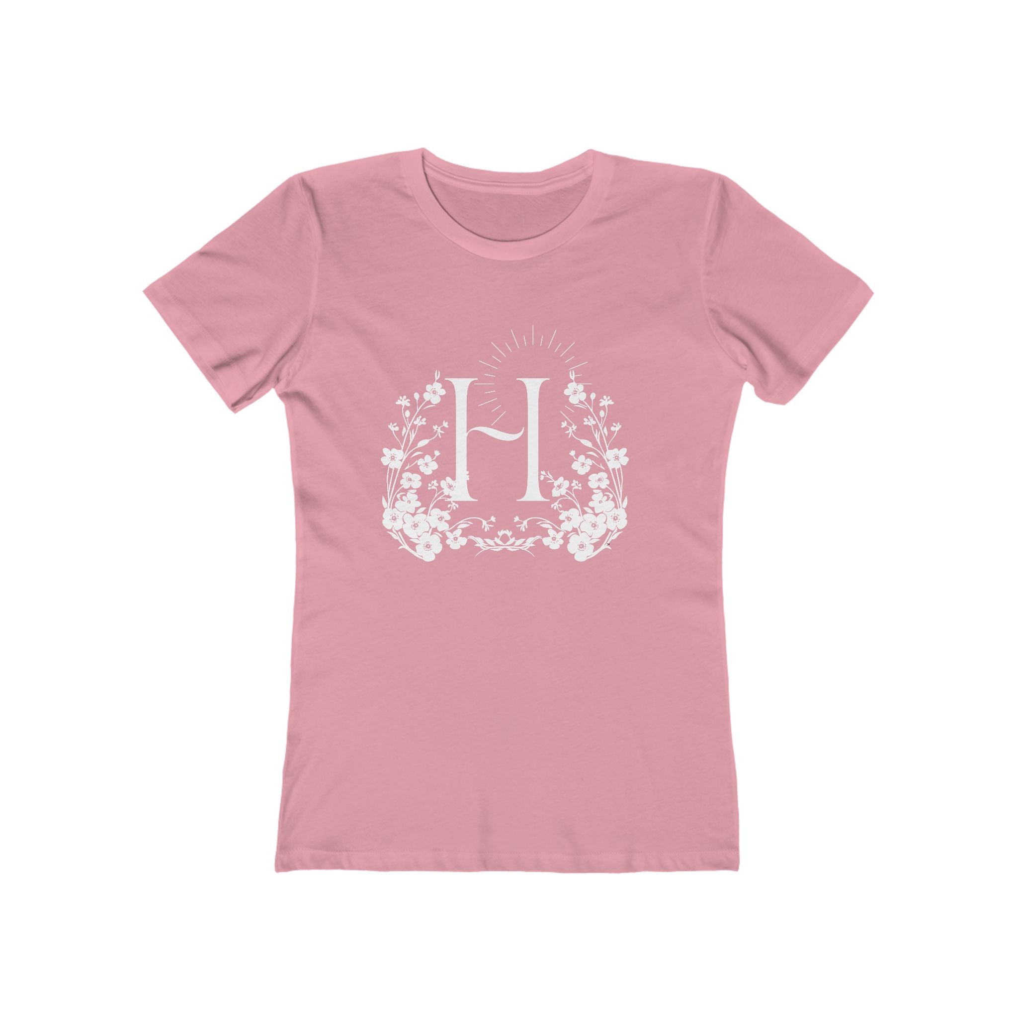 Floral Initial 'H' Boyfriend Tee for Women – Vintage Botanical Monogram Shirt