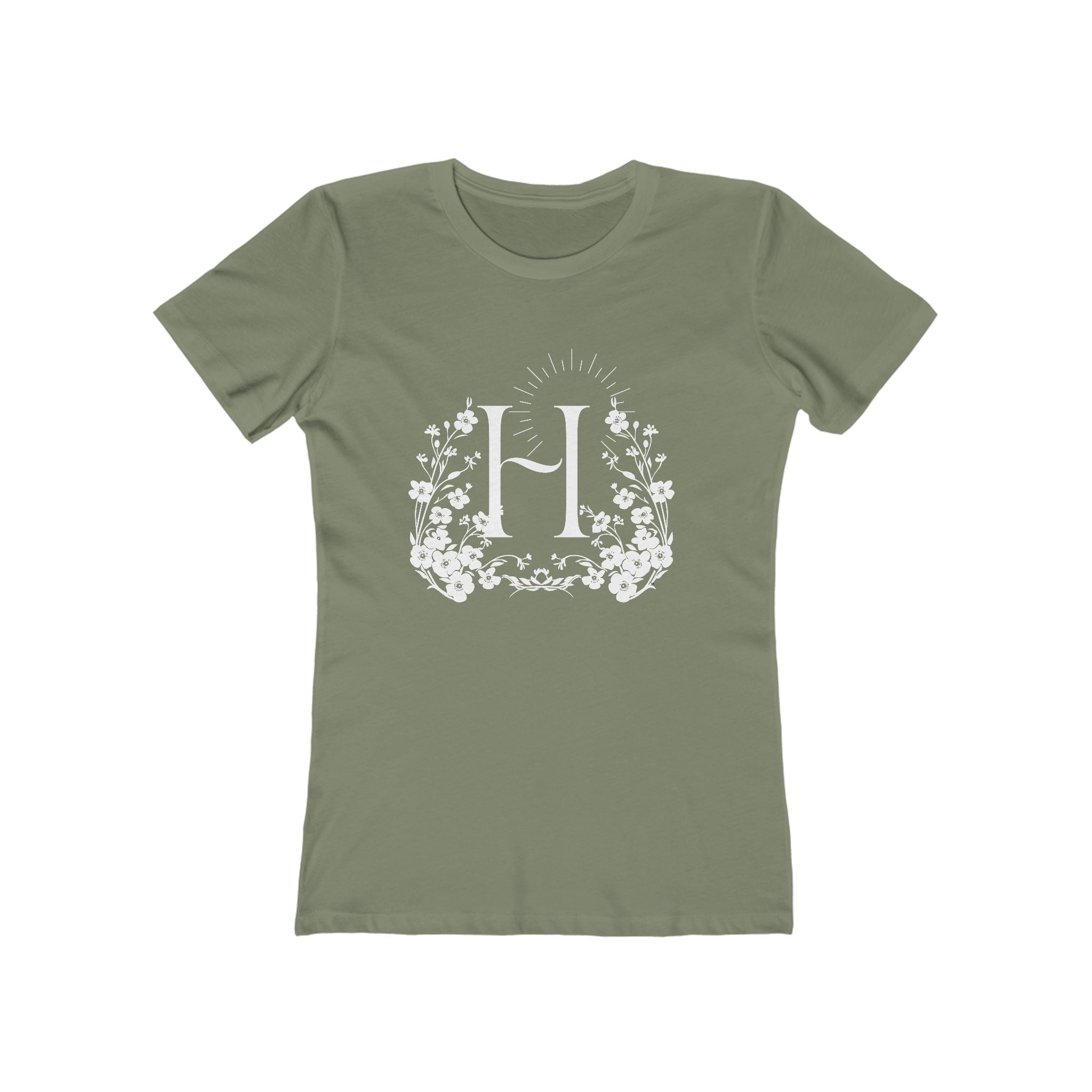 Floral Initial 'H' Boyfriend Tee for Women – Vintage Botanical Monogram Shirt