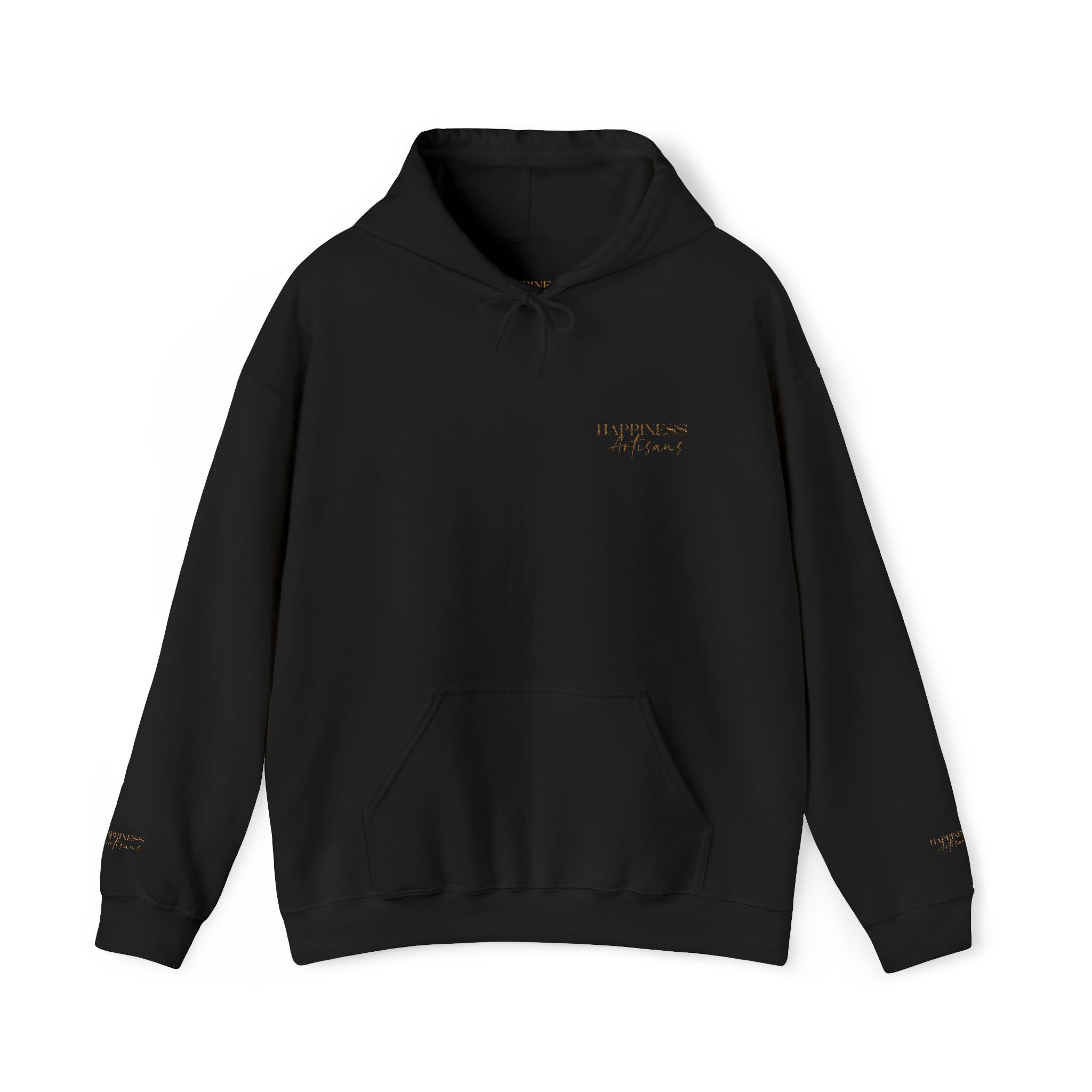 Embroidered Gold Script Hoodie — Minimal Chest & Sleeve Accent
