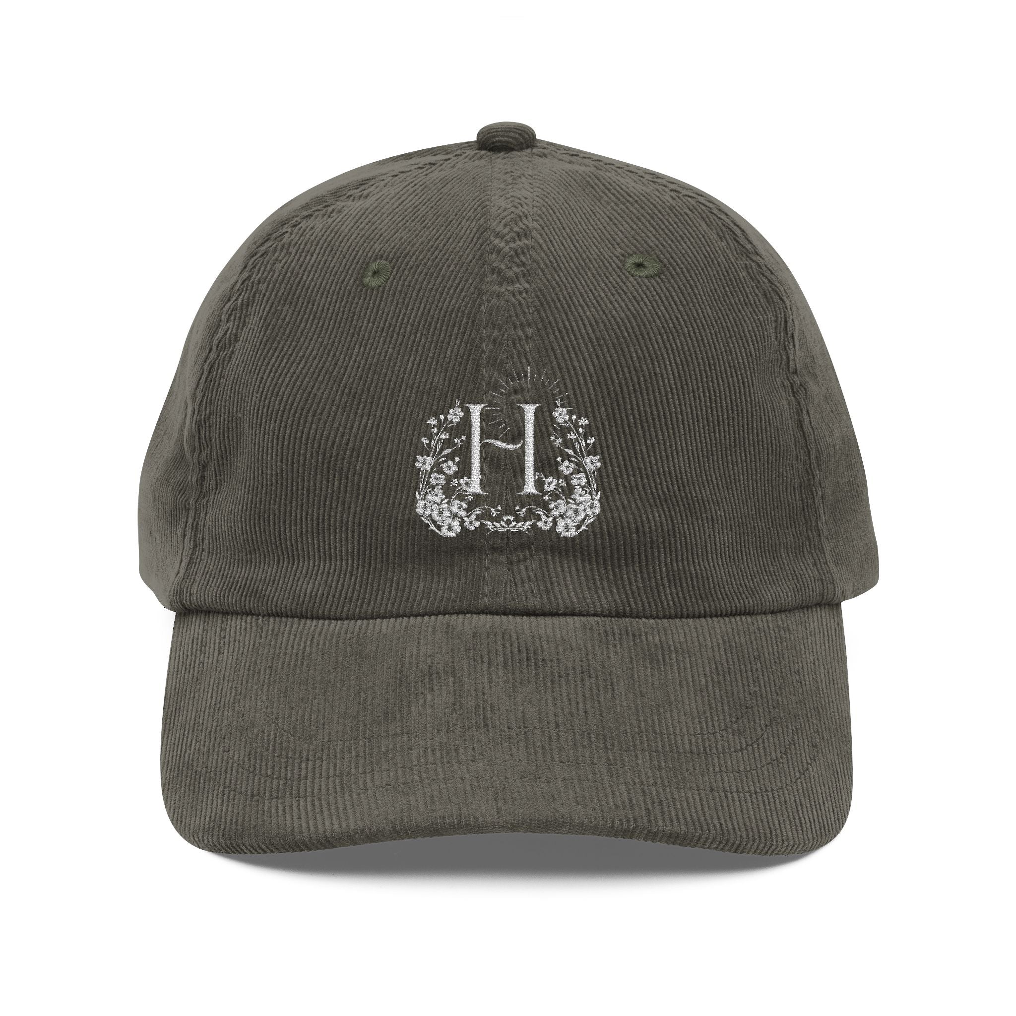 Corduroy Embroidered Cap — Vintage "H" Happiness Artisans Rustic Women's Hat