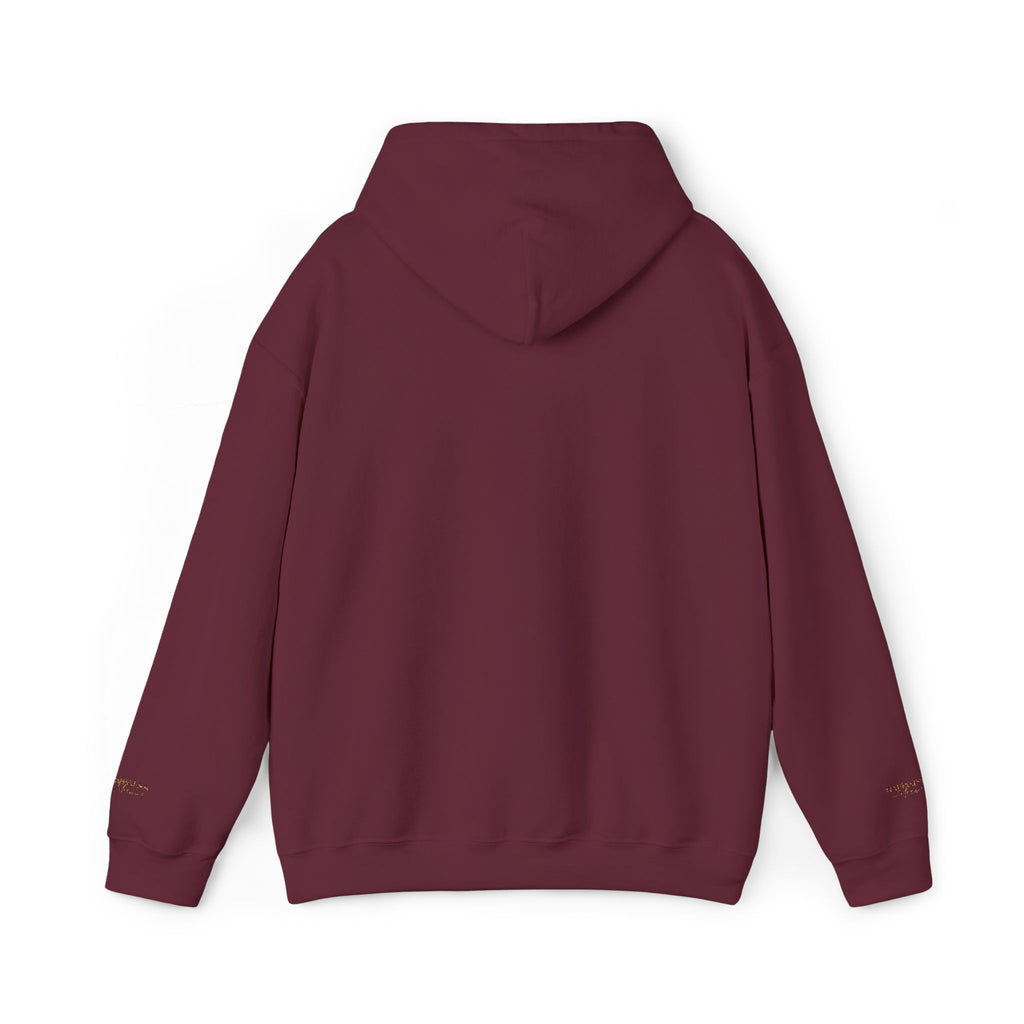 Embroidered Gold Script Hoodie — Minimal Chest & Sleeve Accent