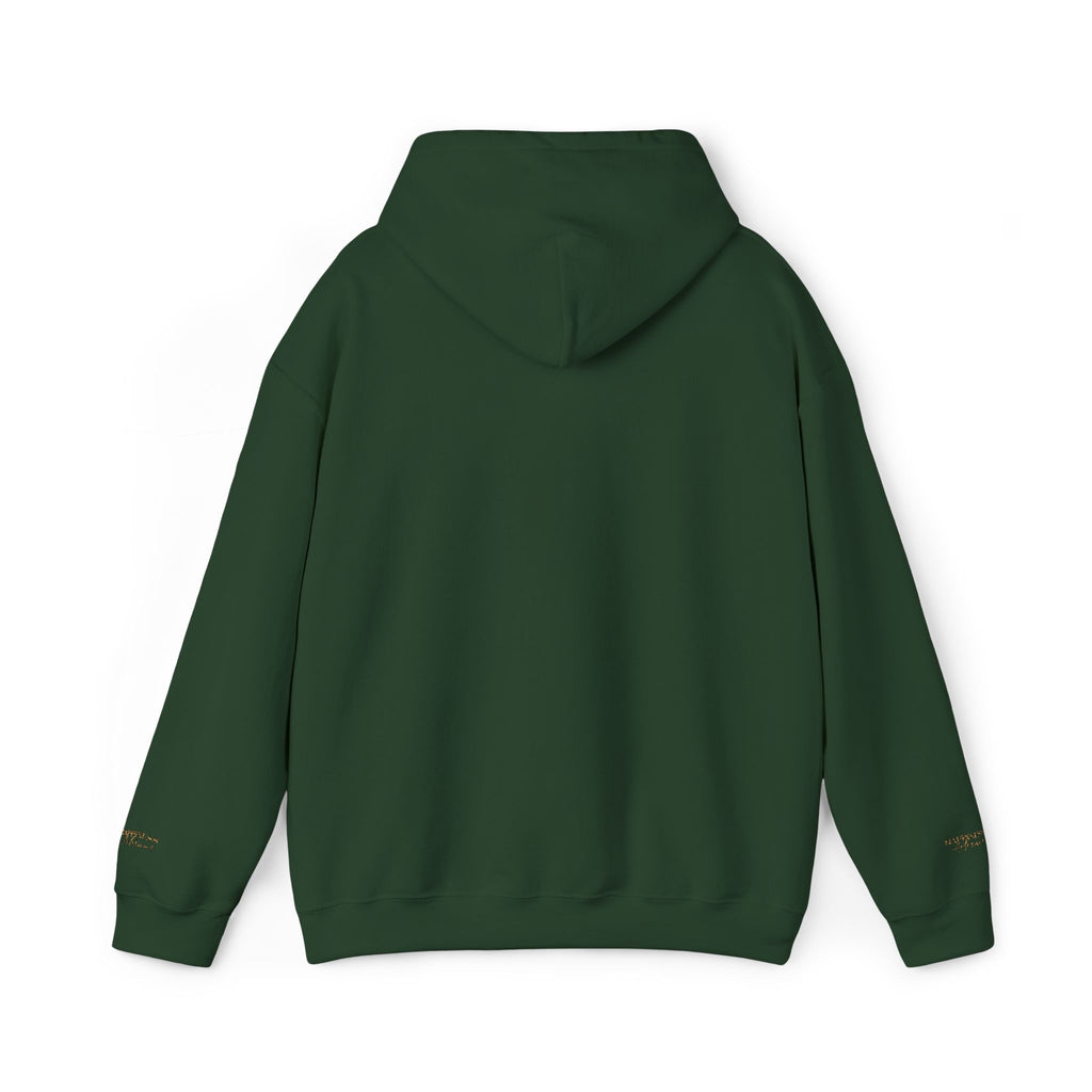 Embroidered Gold Script Hoodie — Minimal Chest & Sleeve Accent