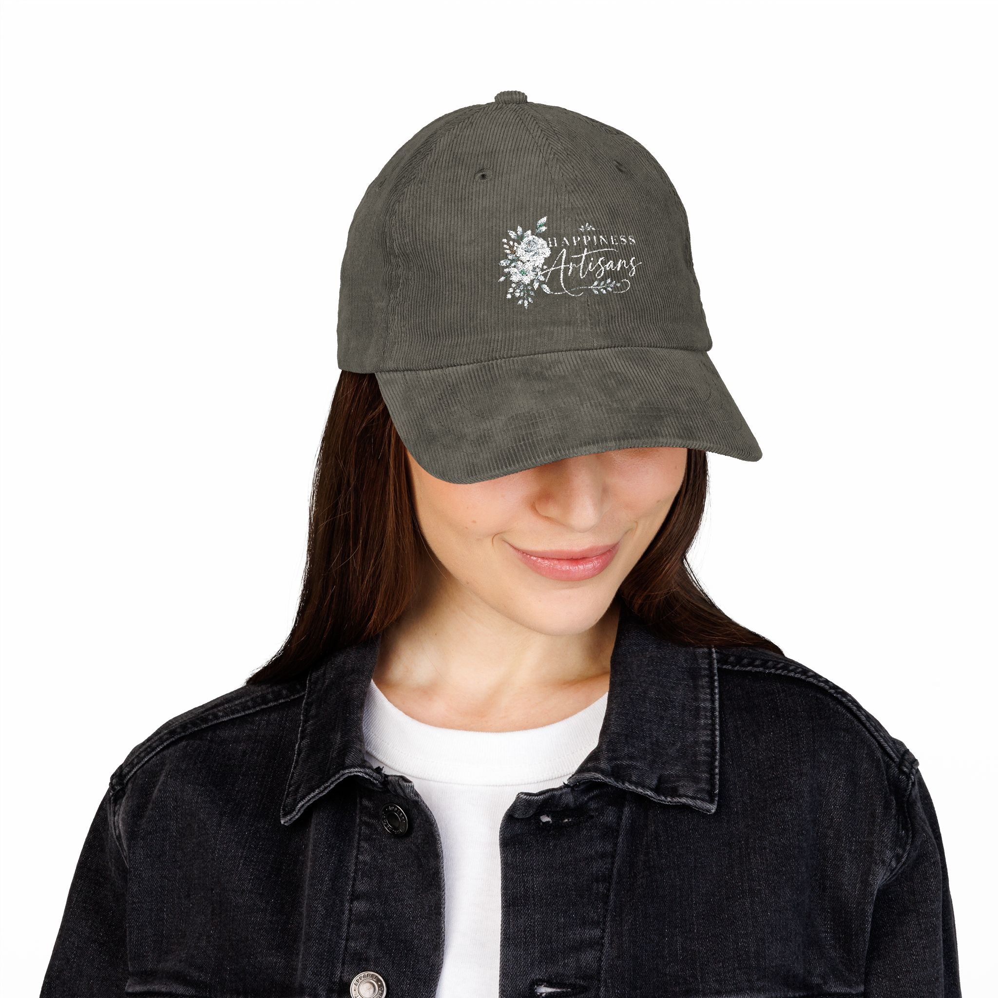 Vintage Corduroy Cap — Embroidered 'Happiness Artisans & Flowers' Floral Women's Hat