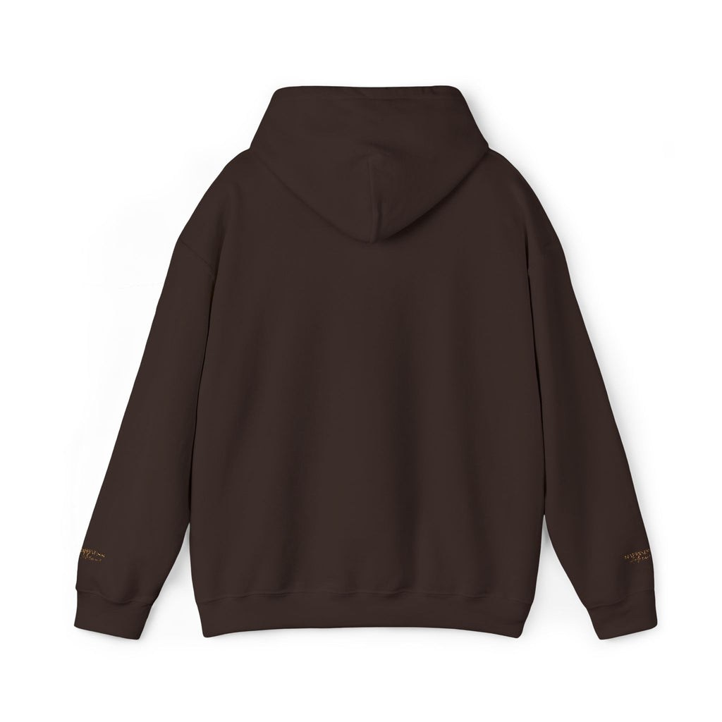Embroidered Gold Script Hoodie — Minimal Chest & Sleeve Accent